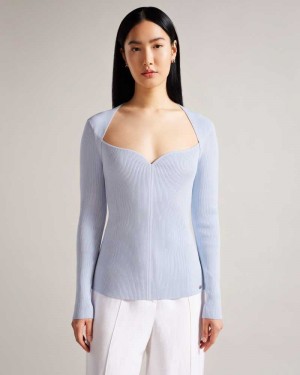 Baby Blue Ted Baker Helenh Sweetheart Neckline Knitted Top | US0000347