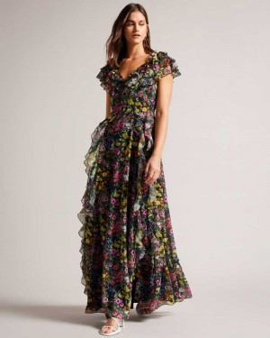 Black Ted Baker Adiie Floral Waterfall Ruffle Maxi Dresses | US0000152