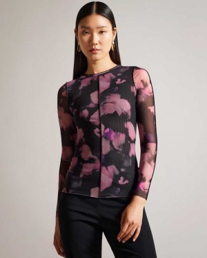 Black Ted Baker Aleeina Long Sleeve Abstract Print Mesh Top | US0001061