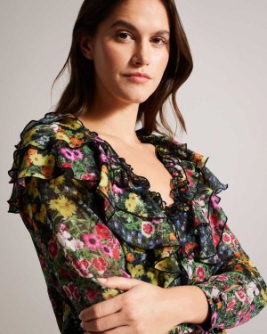 Black Ted Baker Amell Frilled V Neck Long Sleeved Blouse Blouse | US0001068