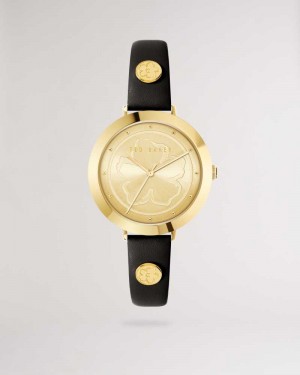 Black Ted Baker Amieyy Magnolia Detail Leather Watch | US0002047