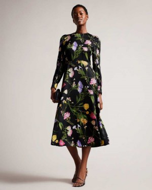 Black Ted Baker Arianya Blouson Sleeve Floral Midi Dresses | US0000071