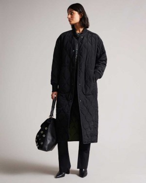 Black Ted Baker Avverii Long Quilted Coat Coats | US0000211