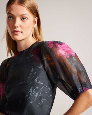 Black Ted Baker Ayymee Boxy Cropped Top with Puff Sleeve | US0000977