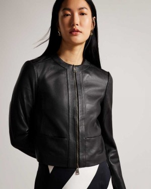 Black Ted Baker Clarya Fitted Panelled Leather Jacket Jackets | US0000237