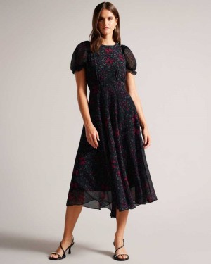 Black Ted Baker Daniaa Butterfly Print A-line Midi Dresses | US0000017