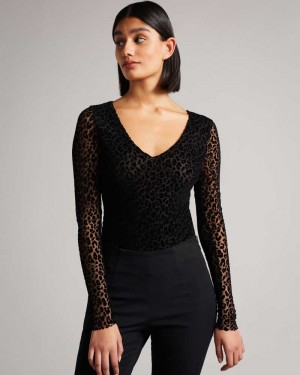 Black Ted Baker Darcina Mesh Leopard Print Bodysuit | US0000978