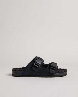 Black Ted Baker Dougie Suede Nylon Clip Two Strap Slippers | US0002173