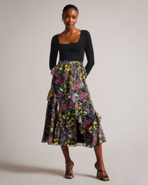 Black Ted Baker Emerela Square Neck Fitted Knit Bodice Dresses | US0000115