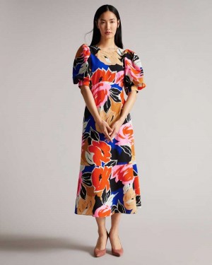 Black Ted Baker Harpia Floral Print Midi Dresses | US0000007