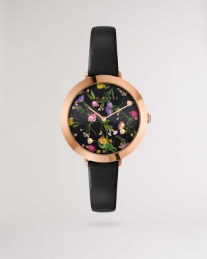 Black Ted Baker Isidoro Floral Print Watch With Leather Strap | US0002058