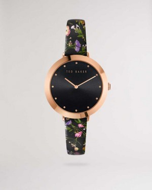 Black Ted Baker Isidory Floral Print Leather Strap Watch | US0002041