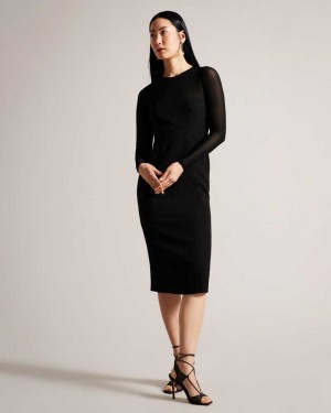 Black Ted Baker Ivylou Bodycon Midi Dresses With Sheer Sleeves | US0000173