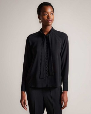 Black Ted Baker Julinaa Blouse with Rouleaux Trim Detail | US0000982