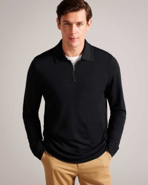 Black Ted Baker Karpol Long Sleeve Modal Polo Shirt | US0000556