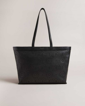 Black Ted Baker Libetie Laser Cut Magnolia Tote Bag | US0001505