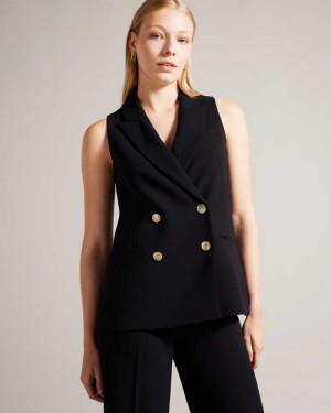 Black Ted Baker Llaylaj Sleeveless Double Breasted Jacket | US0000778