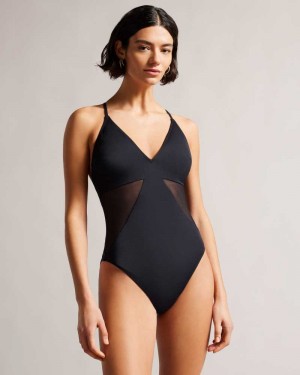 Black Ted Baker Maabel Strappy Swimsuit With Mesh Panels | US0000818