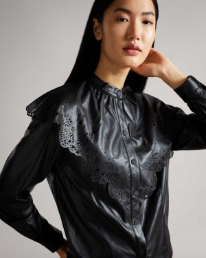 Black Ted Baker Maisson Perforated Pleather Top With Collar | US0001013