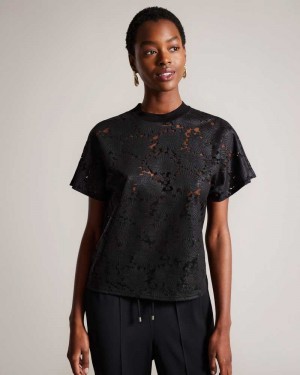 Black Ted Baker Maralo Floral Lace Relaxed T-Shirt | US0000871