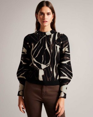 Black Ted Baker Marelia Abstract Jumper With Puff Sleeve | US0000346