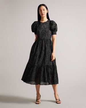 Black Ted Baker Meganie Puff Sleeve Tiered Maxi Dresses | US0000032