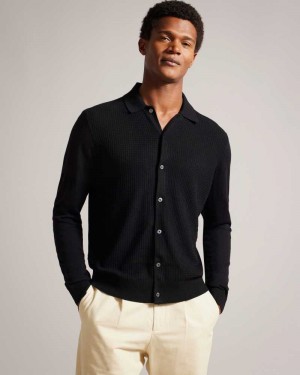 Black Ted Baker Oidar Long Sleeve Textured Shirt | US0000376