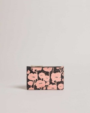 Black Ted Baker Poppsi Floral Printed Zip Card Holder Cardholders | US0001414