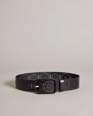 Black Ted Baker Prelt Laser Cut Wide Leather Belt | US0001653