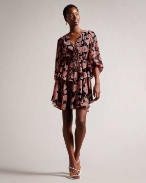 Black Ted Baker Priana Poppy Print Tie Front Mini Dresses | US0000112