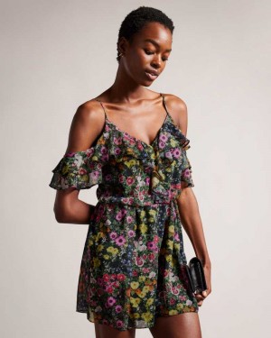 Black Ted Baker Priyahh Off the Shoulder Ruffle Playsuit | US0000161