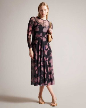 Black Ted Baker Samiyah Long Sleeve Mesh Midi Dresses | US0000097