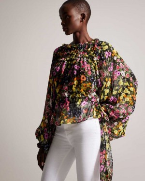 Black Ted Baker Saskiha Floral Blouse With Waist Tie | US0001037