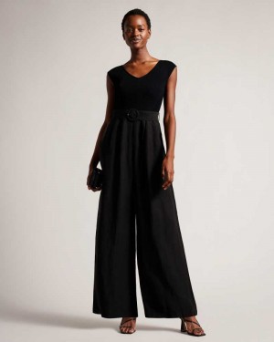 Black Ted Baker Tabbiaa Knitted Bodice Wide Leg Jumpsuit | US0001176