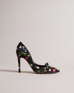 Black Ted Baker Telini Floral Print Bow Court Heels | US0002095