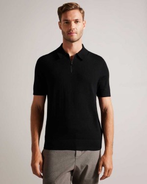 Black Ted Baker Tohall Short Sleeve Merino Wool Zip Polo Shirt | US0000535