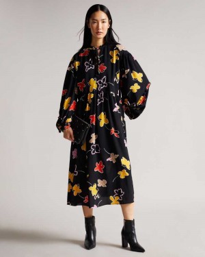 Black Ted Baker Yviee New World Oversized Midi Dresses With Ruffles | US0000093