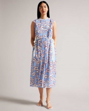 Blue Ted Baker Tindraa Sleeveless Frilled Midi Dresses | US0000035