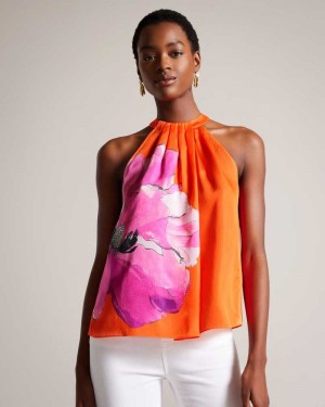 Bright Orange Ted Baker Milenaa Pleated Floral Halter Neck Top | US0000931