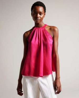 Bright Pink Ted Baker Corrali Pleated Satin Halter Neck Top | US0001031