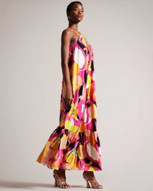 Bright Pink Ted Baker Ikella Abstract Print Pleated Halter Maxi Dresses | US0000047