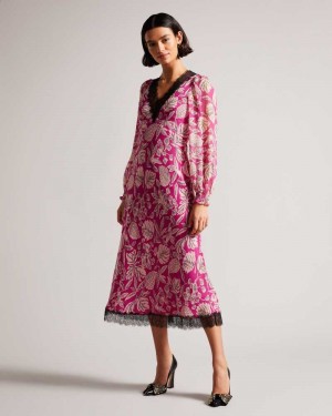 Bright Pink Ted Baker Izobele Long Sleeve Midi Dresses With Lace Trim | US0000164