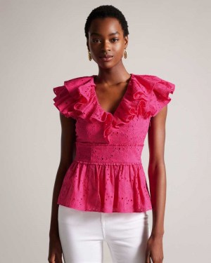 Bright Pink Ted Baker Mazieh Broderie Peplum Top | US0000936