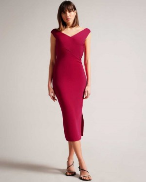 Bright Pink Ted Baker Mikella Crossover Knit Midi Bodycon | US0000092