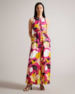 Bright Pink Ted Baker Molliah Abstract Print Jumpsuit With Wrap Bodice | US0001089