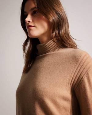 Camel Ted Baker Ruthell Organic Cashmere Roll Neck Jumper | US0000389