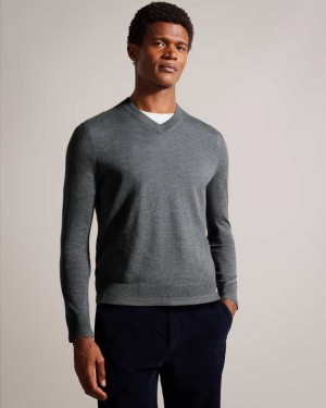 Charcoal Ted Baker Lambeh V-Neck Merino Wool Jumper | US0000401