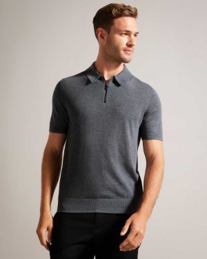 Charcoal Ted Baker Tohall Short Sleeve Merino Wool Zip Polo Shirt | US0000500