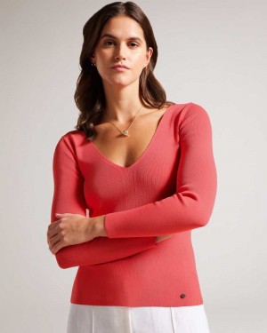 Coral Ted Baker Cileste V Neck Slim Fit Knit Top | US0000398