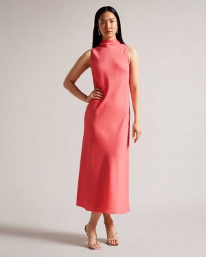 Coral Ted Baker Eleanar Cowl Neck Sleeveless Midi Slip Dresses | US0000037